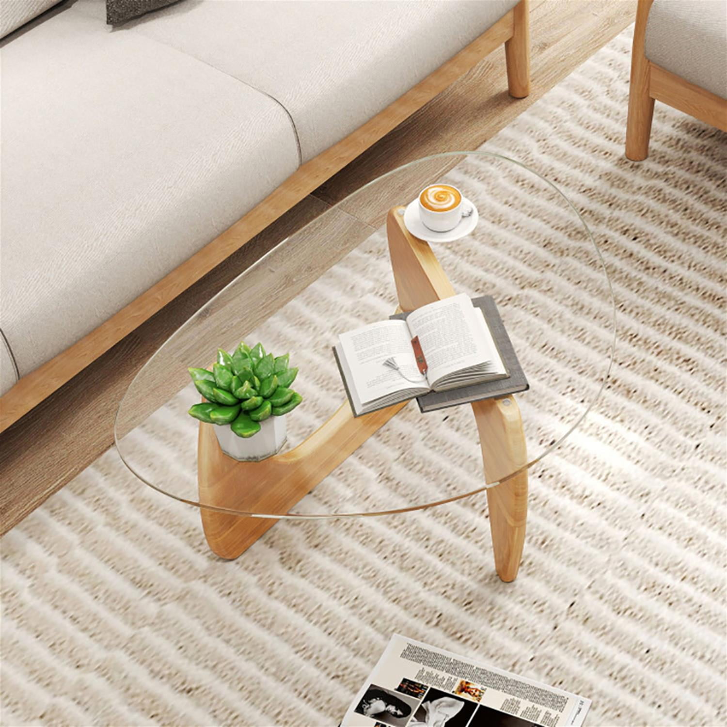 Demi Bonn Triangle Coffee Table, Dining Center Tables with Tempered Glass Top and Adjustable Rubber Wood Base for Living Room, Bedroom, Office and Balcony, Beige