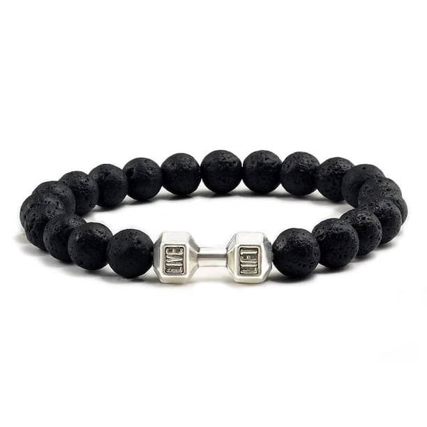 Pulsera con mancuernas para hombre y mujer, brazalete de cuentas ajustable, joyería de Yoga, brazaletes originales, color negro