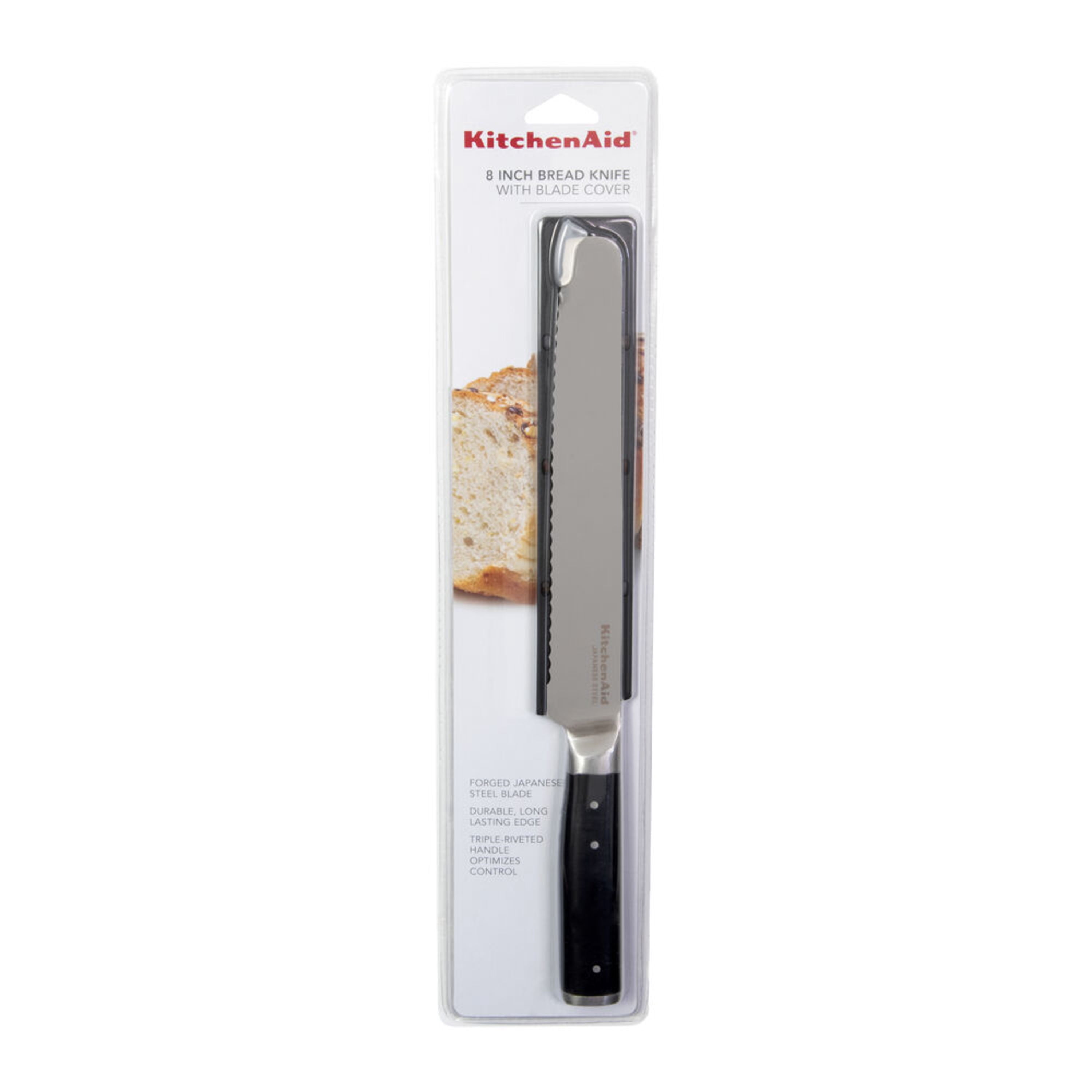 Kitchenaid Gourmet Forged Tripe-Rivet Bread Knife with Blade Cover, 8-inch, Black