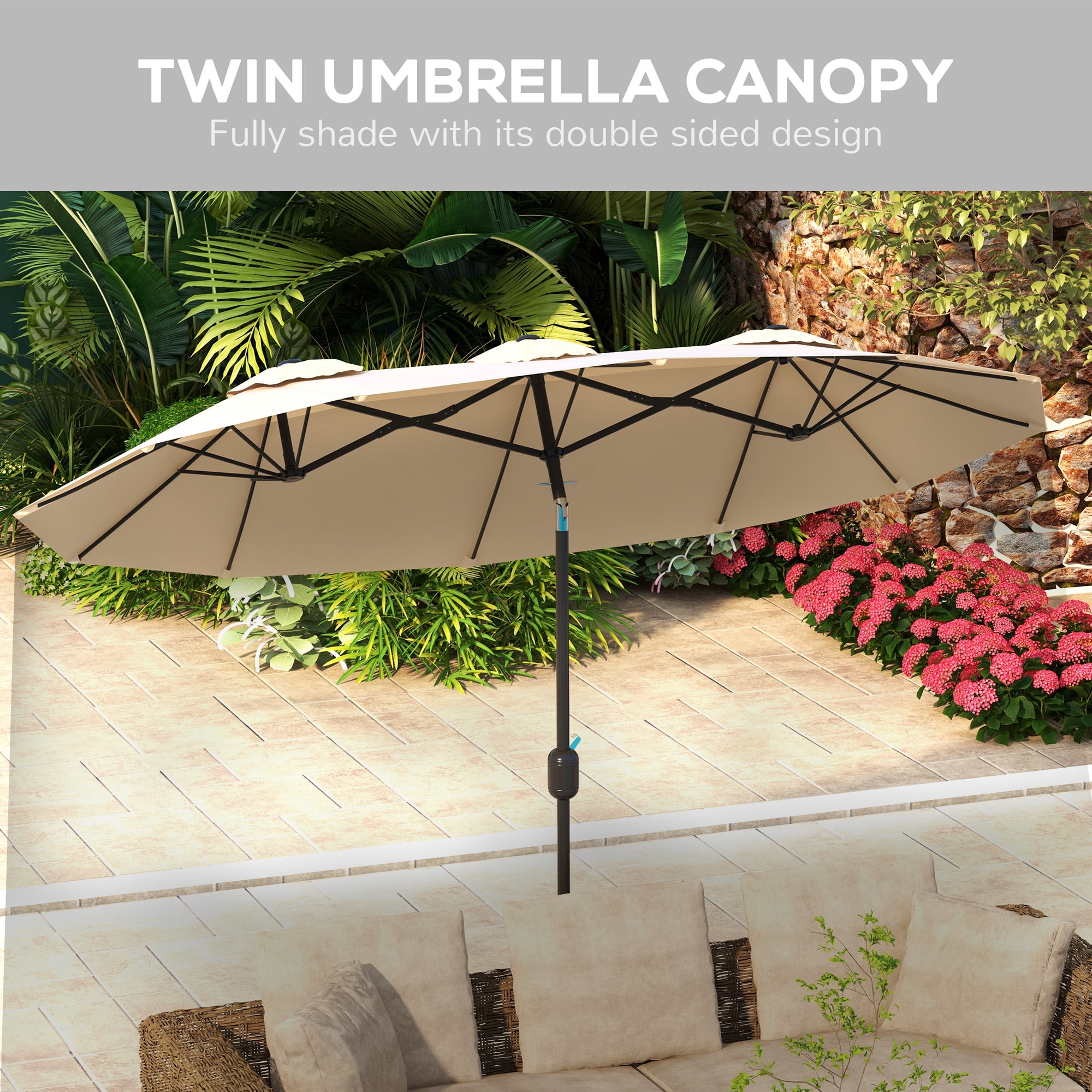 Outsunny 9.5' Double-sided Patio Umbrella with Tilt Outdoor Umbrella, Brown