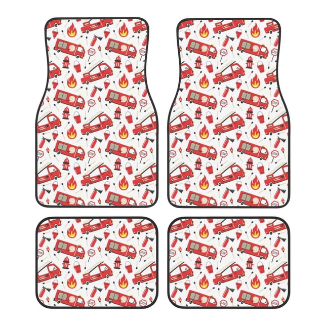 Kdxio Fire Truck Print Car Floor Mats Universal SUV Front Rear Floor Foot Mats 4-Piece Full Set with Non-Slip Rubber Backing Car Accessories for Most Cars