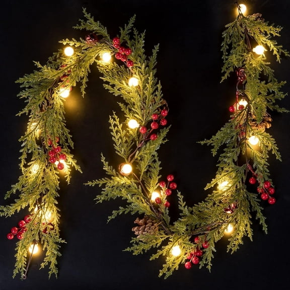 Aship 2 pack Christmas Garland with Lights, 5.7FT Pre-lit 20 LED Red Berry Garland with 8 Modes & Timer Memory, Artificial Lighted Xmas Garland for Door Mantel Fireplace