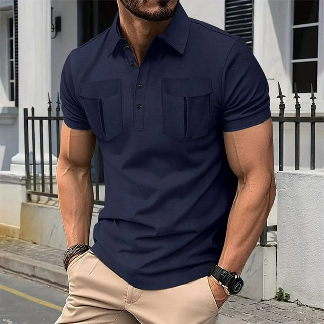 Kalauyu Collared Muscle Shirts for Men Summer Two Pockets Textured Lapel Shirts Short Sleeve Button Up Shirts Casual Stylish