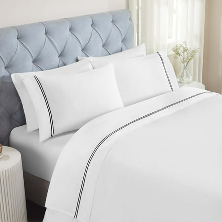 Superior Fieldstone Embroidered Cotton Bed Sheet Set, Full, White/Black