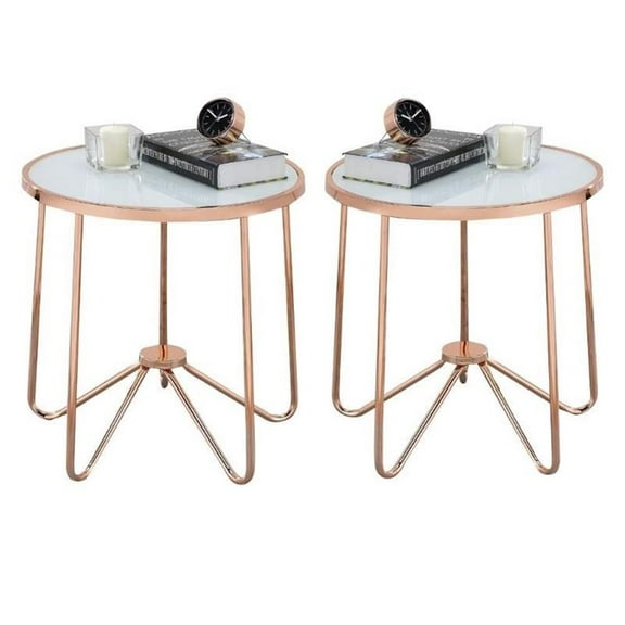 Home Square 2-Piece Furniture End Table Set in Frosted Glass and Rose Gold