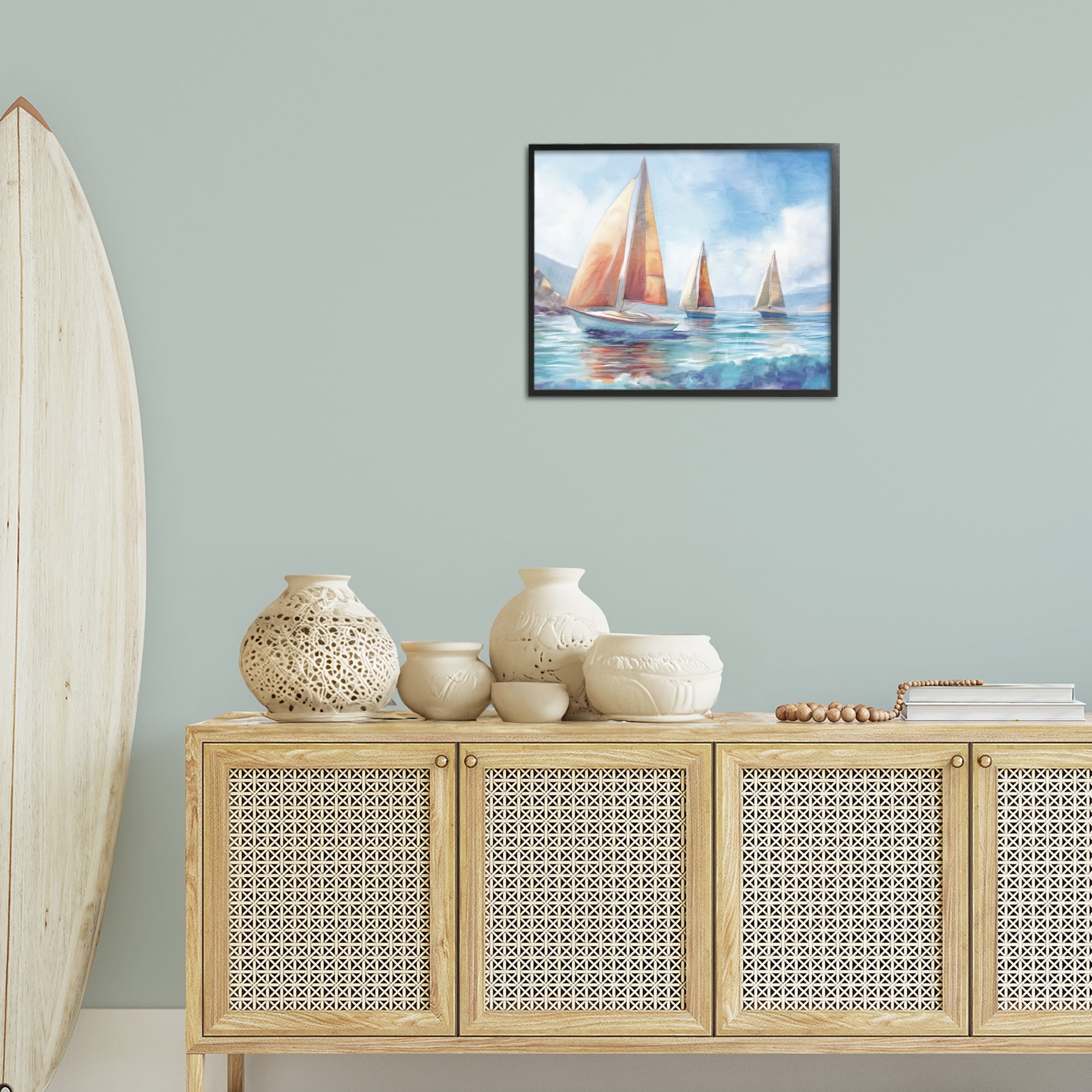 Stupell Industries Three Boats Drifting Coastal Painting Black Framed Art Print Wall Art, 20 x 16