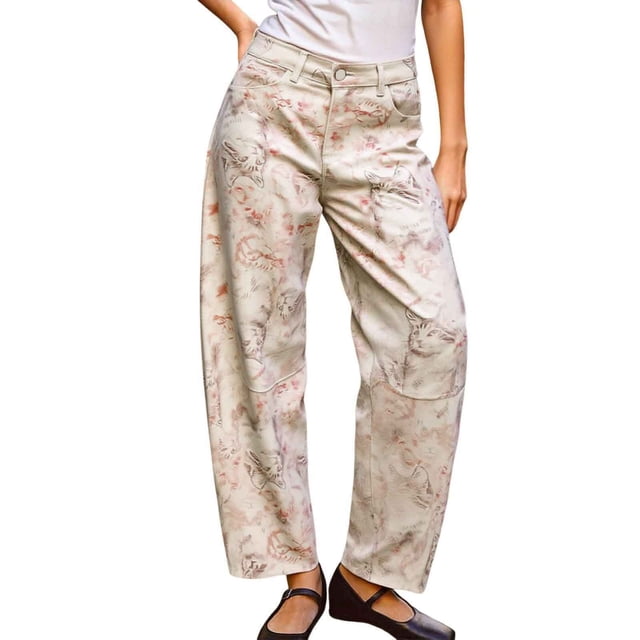 Jeans Tube en Forme de Tube pour Femmes, Pantalon en Denim à Imprimé Floral, Pantalon Rétro Décontracté pour Femmes, Pantalon de Survêtement Beige Décontracté pour Femmes, Pantalon Court pour Femmes, Pantalon Décontracté pour Femmes Petites, Pantalon de Travail Décontracté