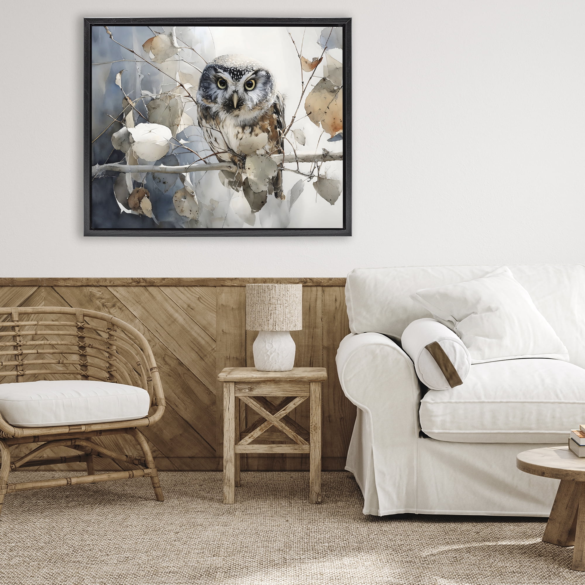 Stupell Industries Hoot Owl on Autumn Branch Black Framed Floater Canvas Wall Art, design by Franklyn Gregory