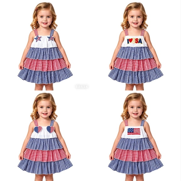lnmuld Toddler Girls Independence Day Tiered Dress Red White Blue Gingham Flag Heart Embroidery Sleeveless Party Outfit Size:12-18 Months