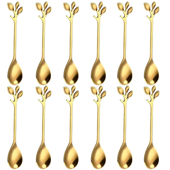 Kiibsot 2/4/12Pcs Stainless Steel Leaf Shape Coffee Spoon Tableware Dessert Spoons, Spoon for Stirring,Mixing,Sugar,Stir,Ice Cream,Cake, Teaspoon, 4.7 inch,Gold