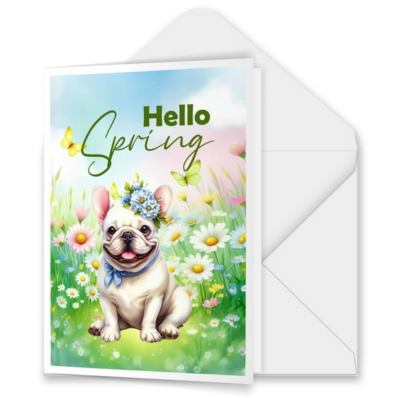 French Bulldog Hello Spring Time Flower Floral Nature 5x7in Folded Greeting Card Dog Lover Gifts Single Note Card with Envelope - 02031