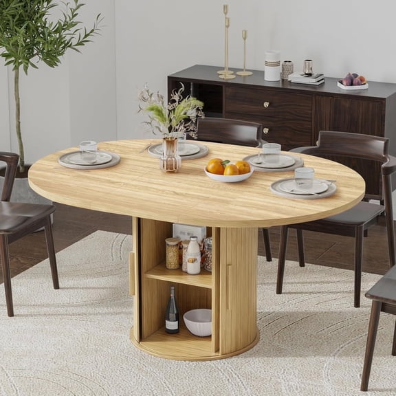 Pusnapku Extendable Circle Dining Table for 4-8, Modern 43"-59" Oval Kitchen Table with Storage, Fluted Sliding Door, Round Pedestal, for Living Room
