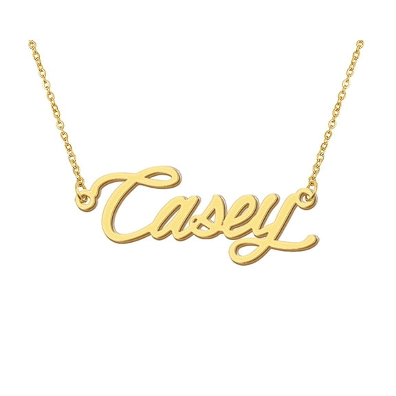 HUAN XUN 18k Gold Plated Casey Name Necklace Stainless Steel Nameplate Necklaces for Womens Mens Mother Day Christmas Jewelry Gift