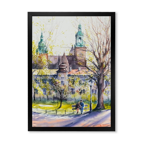 Designart 'Castel Through The Trees of The Park With Couple Sitting on Bench' Country Framed Art Print