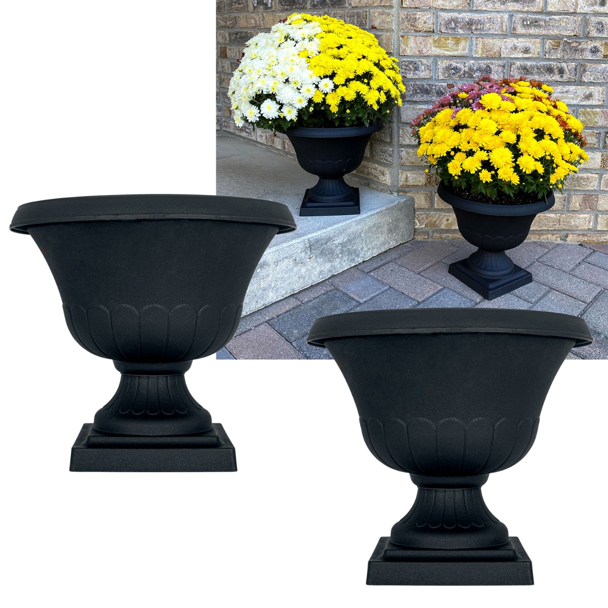 HowPlumb Indoor Outdoor Classic Urn Planter, Matte Flat Black, 2 Pack