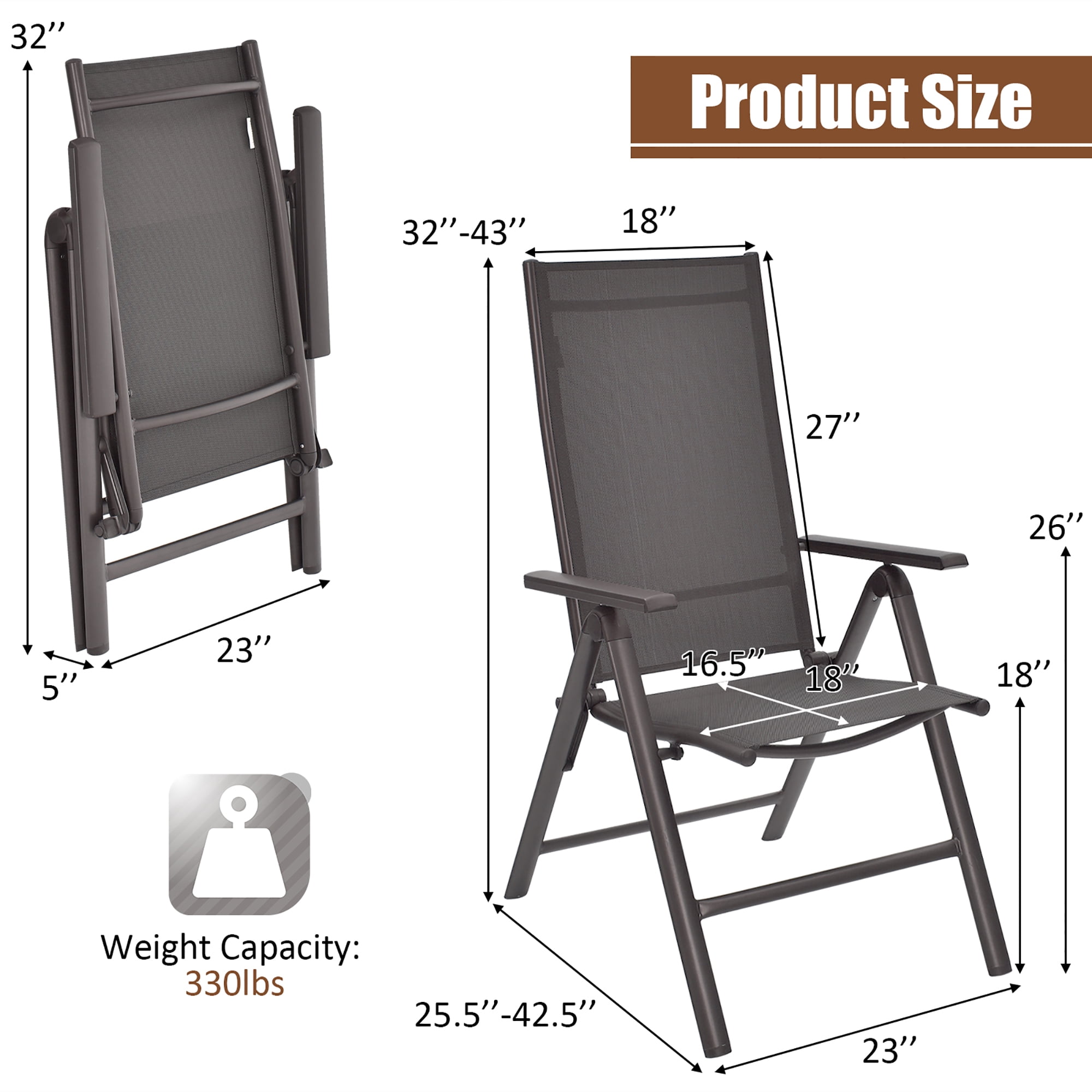 Costway 4PCS Patio Folding Dining Chairs Aluminium Adjustable Back Gray