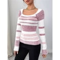 thumbnail image 6 of Women's Pullover Striped Knit Square Neck Sweater Color Block Long Sleeve Cute Trendy Fuzzy Sweaters Pink L, 6 of 10