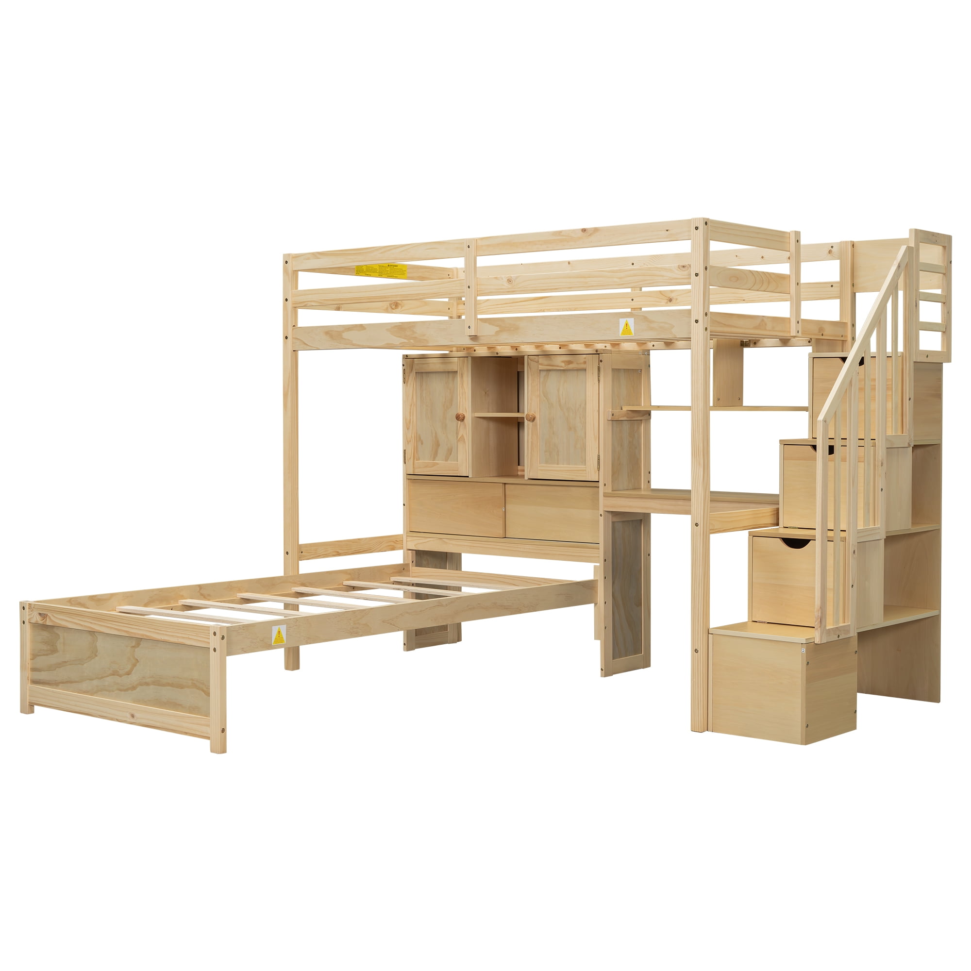 EUROCO Twin over Twin Bunk Bed with Desk and Shleves, Bookcase and Staircase for Kids Teens, Natural