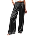 thumbnail image 2 of Bloomae Trendy Satin Silk Pants for Women Button High Rise Dress Pants Stretchy Summer Palazzo Bell Bottoms Trousers for Party Soft Pajamas with Pocket, 2 of 5