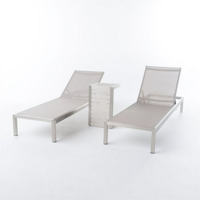 Noble House Cape Coral Grey Mesh Chaise Lounge Set with C-Shaped End Table