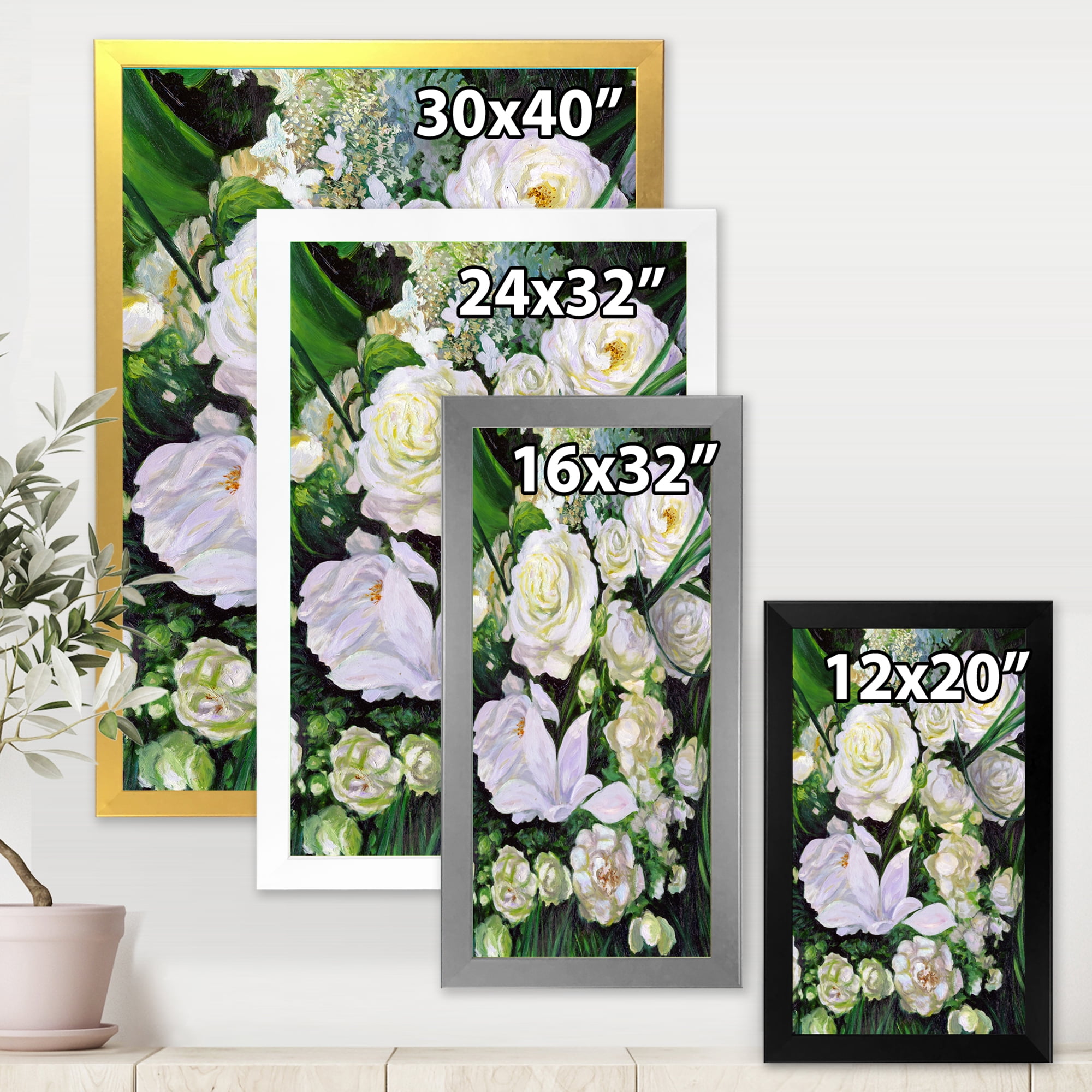 Designart 'Bouquet Of White Roses With Green Leaves' Traditional Framed Art Print