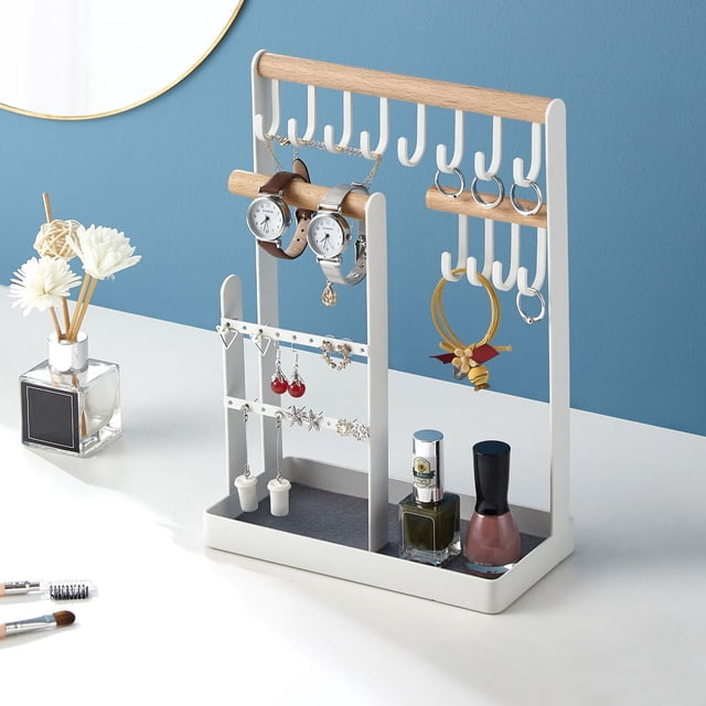 Hyknon Command Hooks Jewelry Stand Necklace 4-Tier Jewelry Tower Rack With Earring Tray And Holes 10 Hooks Necklaces Hanging Storage Tree Display Organizer For Bracelets Waterproof Hooks