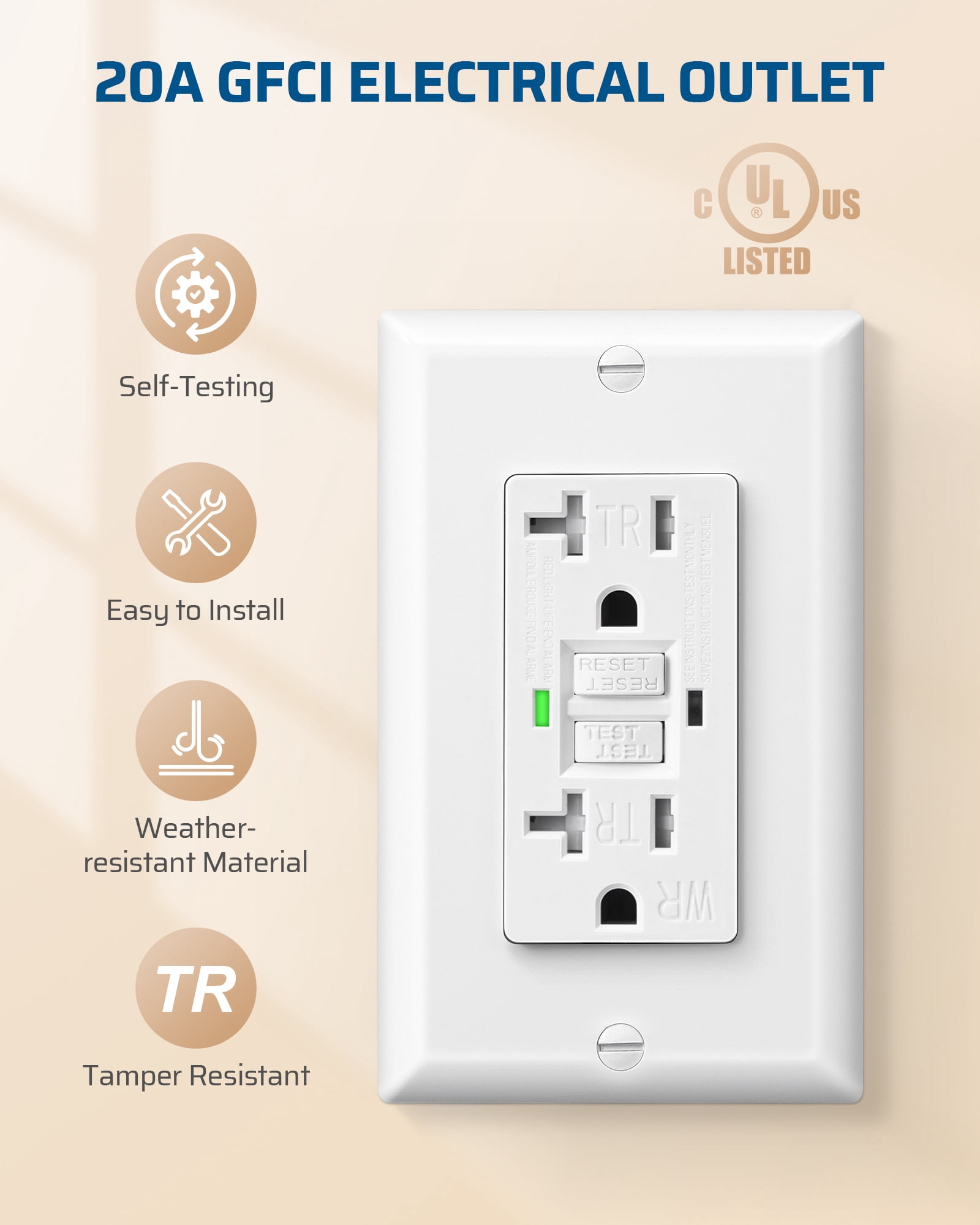 DEWENWILS 10-Pack GFCI Outlet 20Amp, Outdoor Weather-Resistant(WR), Tamper-Resistant(TR), UL Listed, Gfi Self-Test, LED Indicator, Wallplate Included with Thinner Design, White