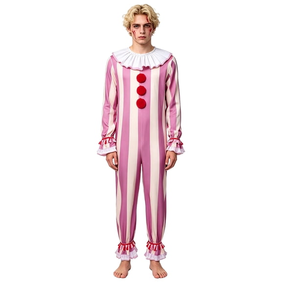 Creepy Vintage Clown Costume Striped Circus Jester Jumpsuit Outfit Halloween Fancy Dress Party Cosplay Costumes