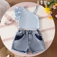 thumbnail image 6 of Toddler Girl Outfits 2 Piece Ruffle Solid Print Crew Neck Sleeveless One-Shoulder Tank Top And Shorts Daily Wear Girls' Clothing Sets 3 Years-4 Years, 6 of 9