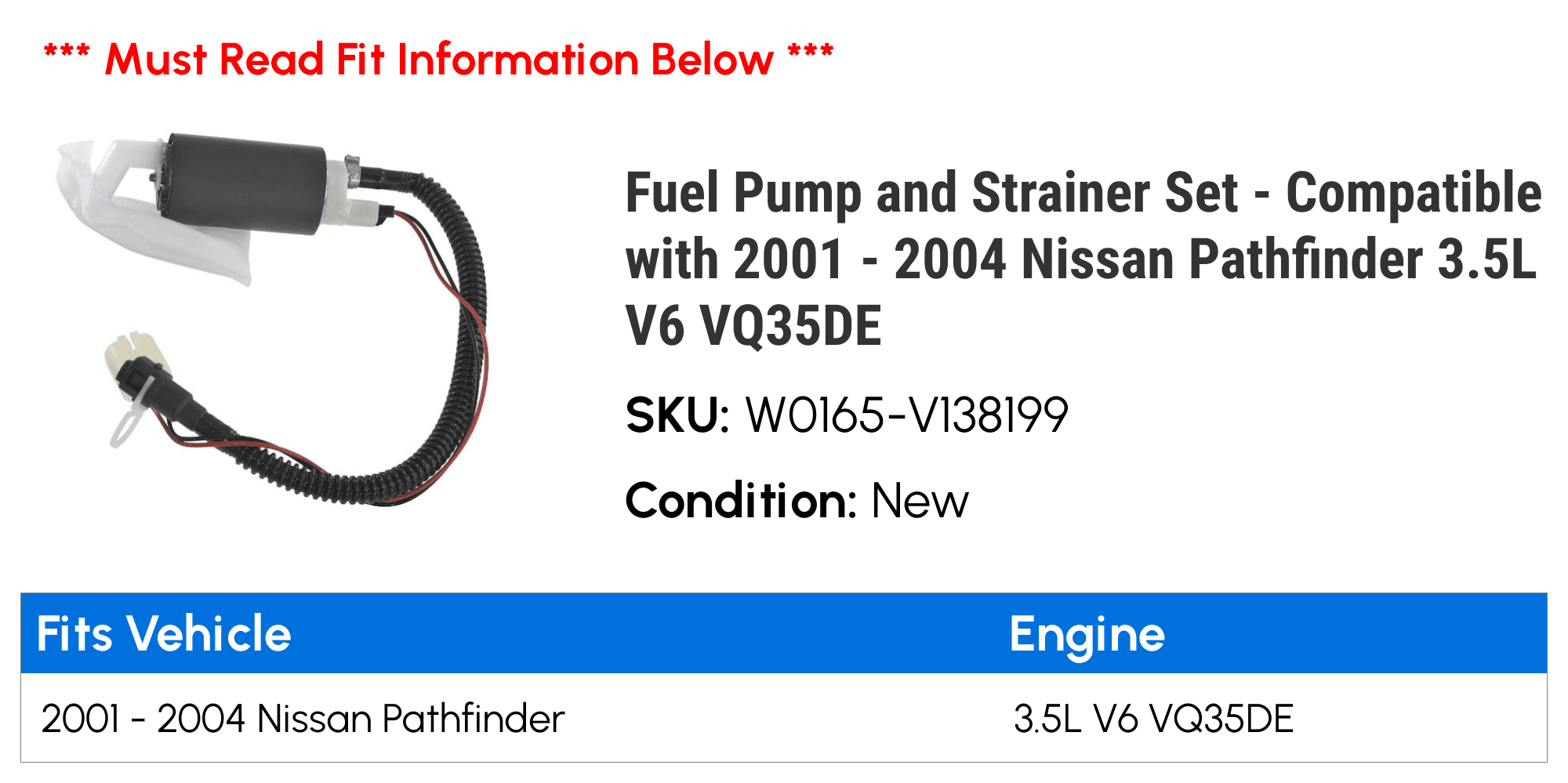 For 2001-2004 Nissan Pathfinder Fuel Pump and Strainer Set API 26143QC 2002 2003