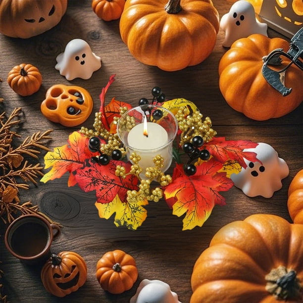 Candelabros de hojas de arce de simulación de otoño, corona de decoración de Halloween, adorno de mesa de plástico, copa de vela, corona, portavelas de plástico