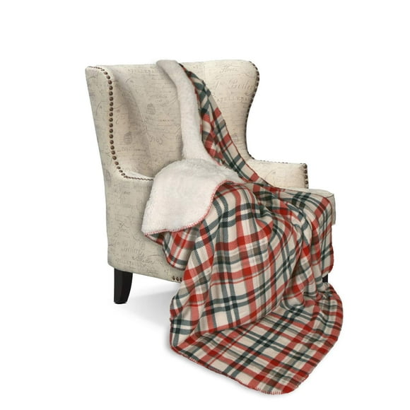 Legacy Decor Sherpa Red, Navy Blue, Taupe and Cream Color Plaid Design Throw Blanket