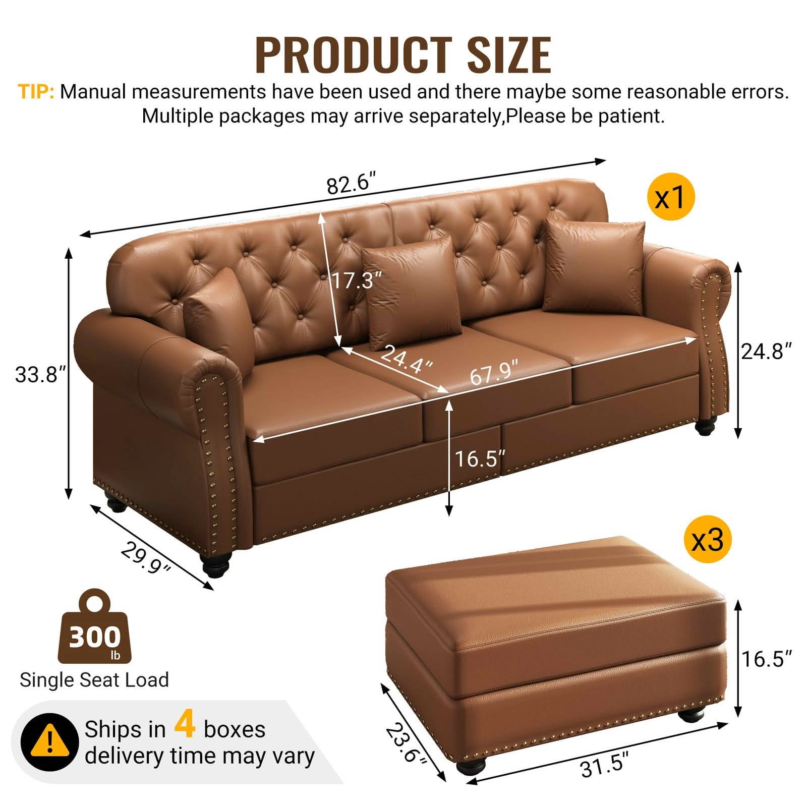 MAYEERTY 82.6" Upholstered Faux Leather 3‑Seater Chesterfield Sofa Set with 3 Ottomans, Mid‑Century Modern Couch with Button Tufted, Nailhead Trim & Rolled Armrests, Includes 3 Pillows