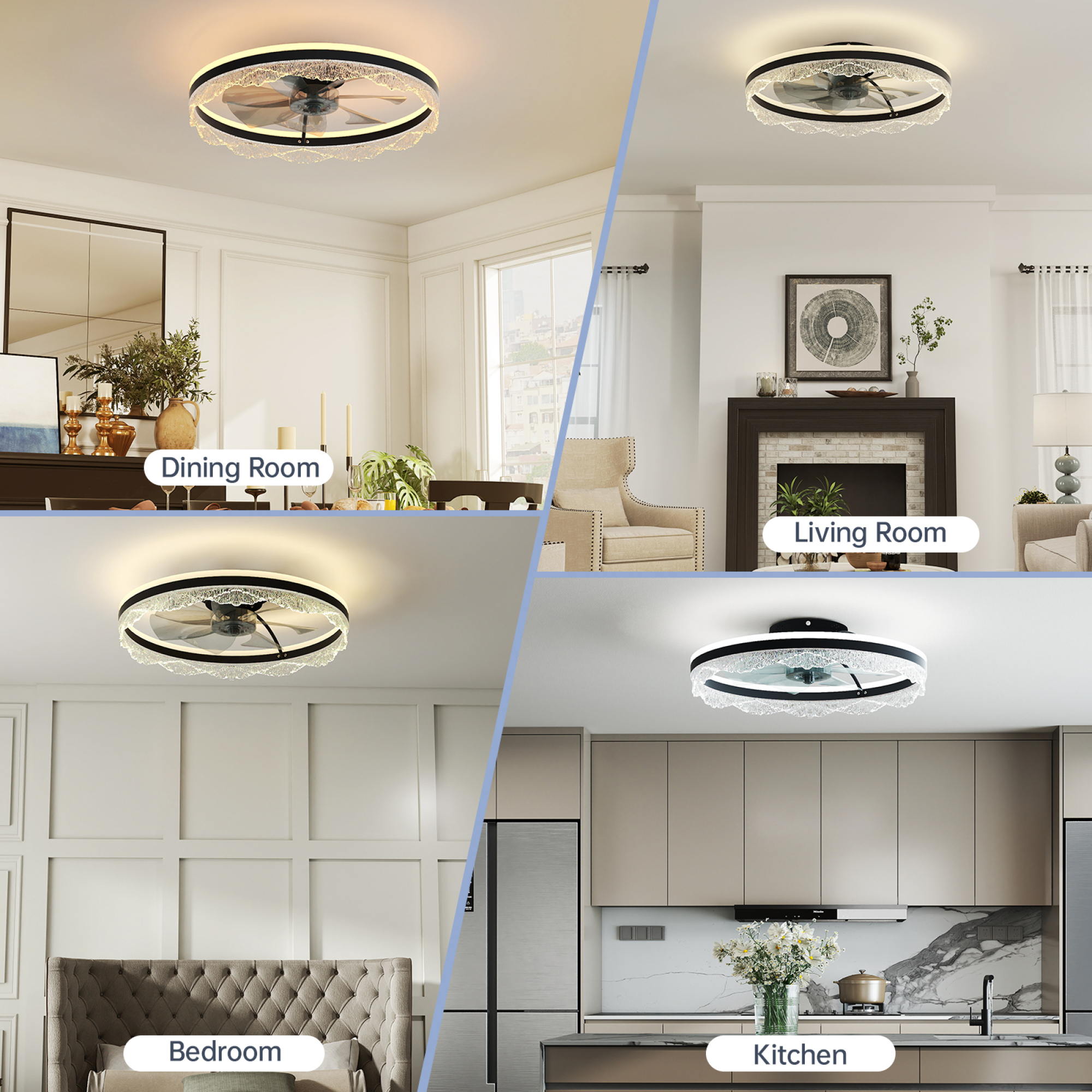 Leumius 24" Quiet Ceiling Fan with Light, LED Crystal Flush Mount Fan Lamp with Hidden Blades and Natural Airflow for Bedroom, Kids Room, Study Room