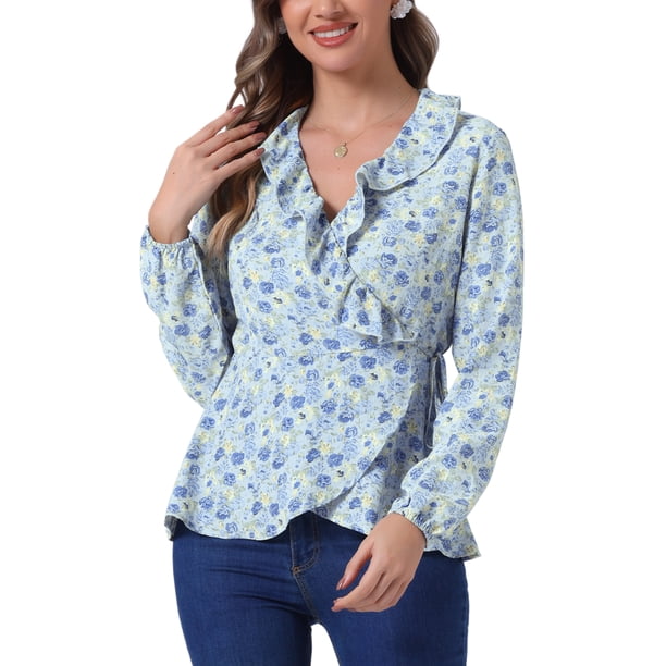 Blusa de mujer con volantes y escote en V, floral, con lazo autoadherente, peplum, talla L, azul cielo