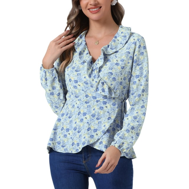 Blusa de mujer con volantes y escote en V, floral, con lazo autoadherente, peplum, talla L, azul cielo