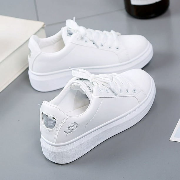 Zapatos de mujer de primavera y verano, superficie de cuero PU, estilo deportivo transpirable, zapatos casuales, zapatos de tabla, zapatos blancos de estudiante, zapatos bajos