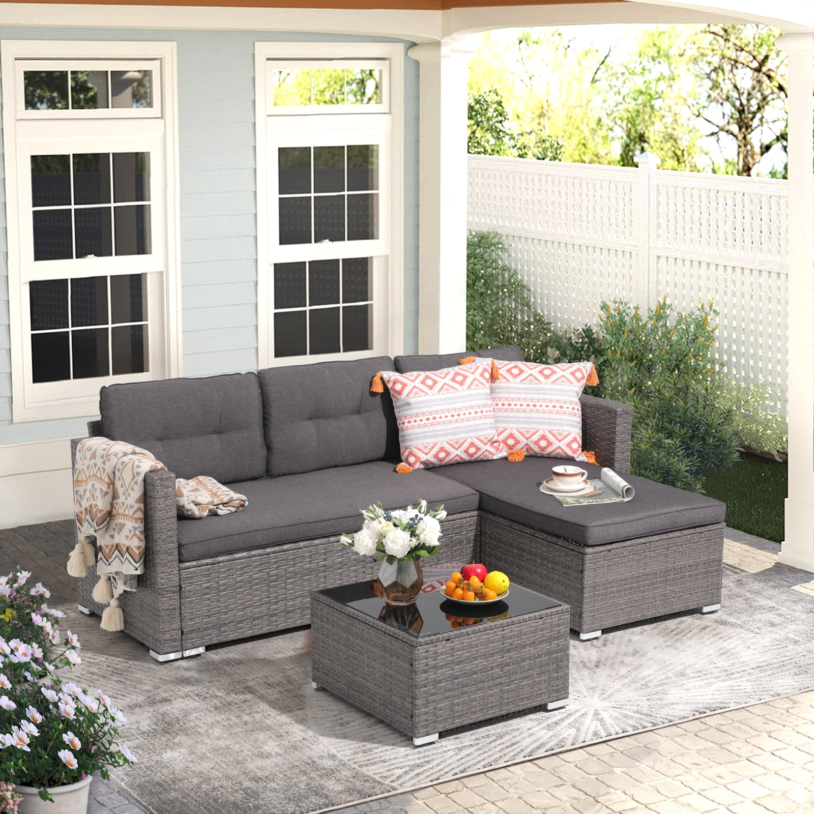 JOIVI 3 Pieces Patio Conversation Set, PE Wicker Rattan Outdoor Furniture Set, 2 Ways Small Sectional Sofa with Cushions, Tempered Glass Coffee Table, Dark Gray