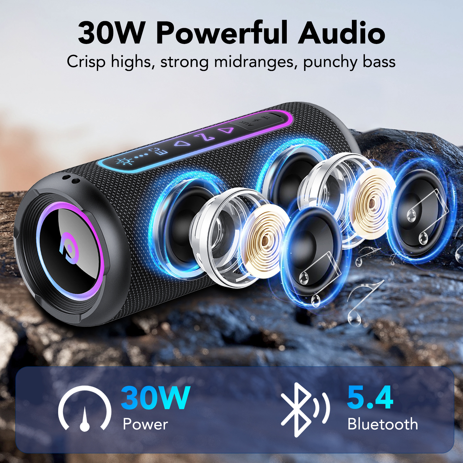 FAMOO Portable Bluetooth Speaker, 30W with Deep Bass, Black photo 2