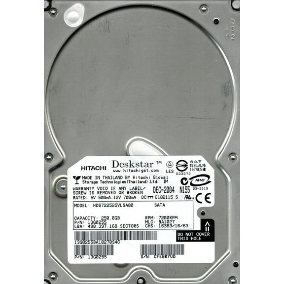 Hitachi HDS722525VLSA80 P/N: 13G0255 MLC: BA1027 250GB