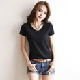 thumbnail image 2 of Women Summer T-shirt V-neck Short Sleeve Slim Fit T-shirt Solid Color Pullover Tops Stretchy Bottoming Shirt Streetwear-Black1,M, 2 of 8