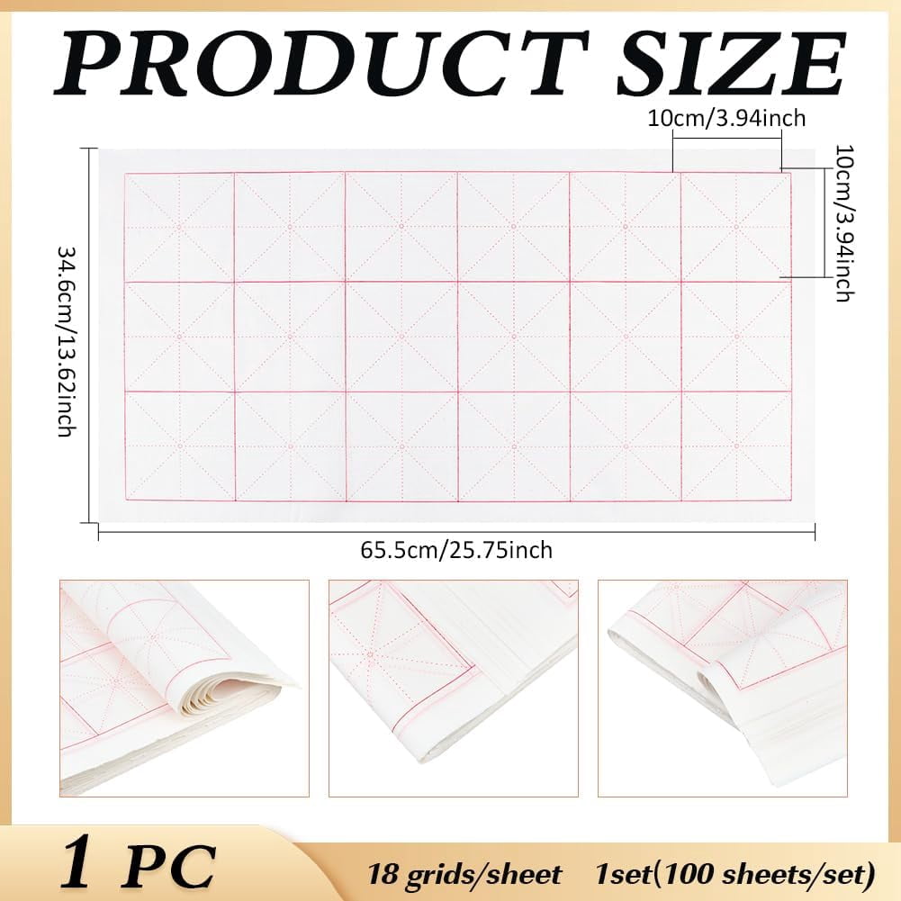 100 Sheets White Chinese Calligraphy Xuan Paper 25.7x13.6 Inch White Rice Paper with Grids DIY for Brush Writing Traditional Chinese Japanese Practice Paper DIY for Calligraphy Lover Beginner