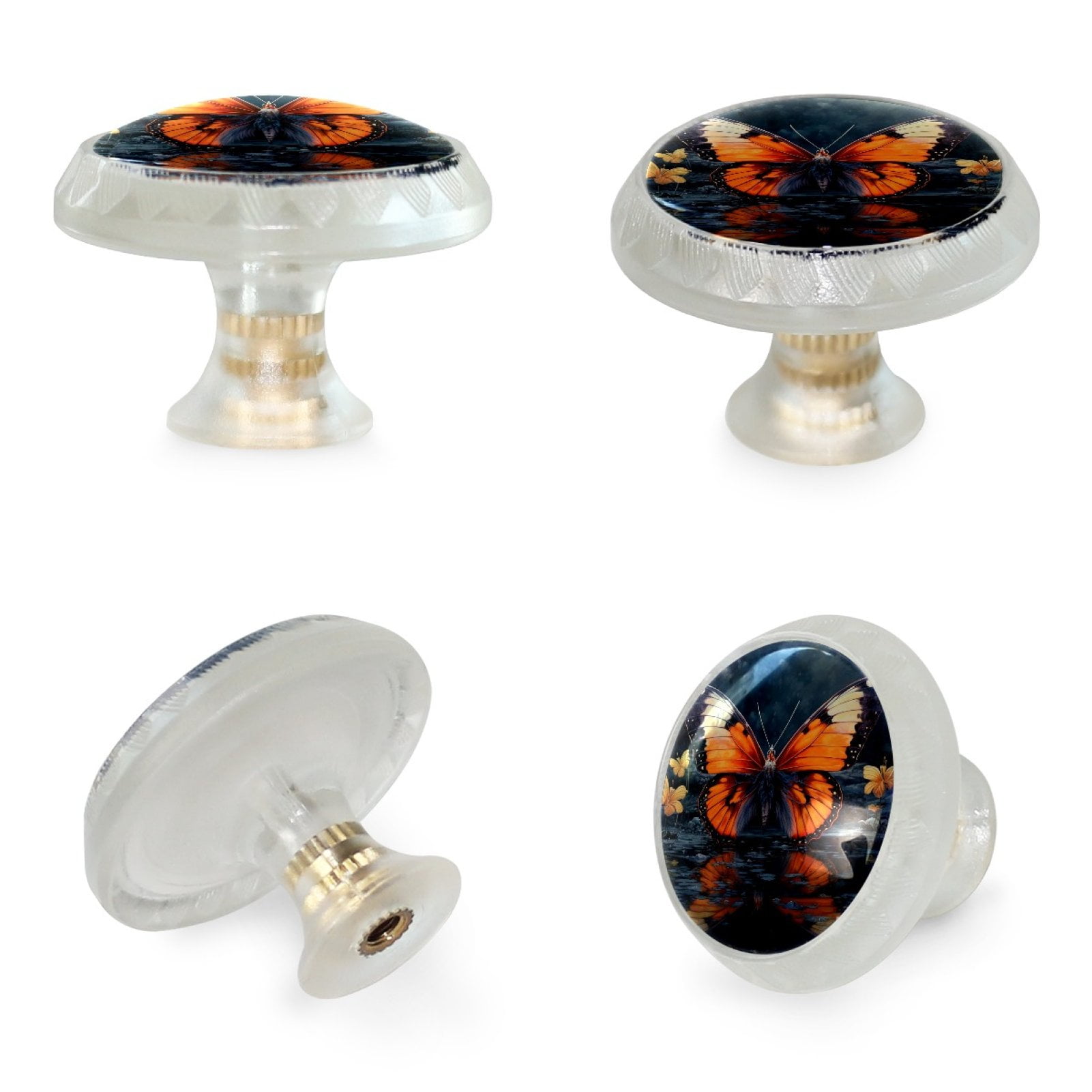 HemaKayy 4 Pack 1.37" Decorative Cabinet Knobs - Elegant ABS Glass Handles for Home Furniture Decor - Dresser Drawer Door Pulls - Perfect for Kitchen Bedroom - Orange Butterfly Water Reflect