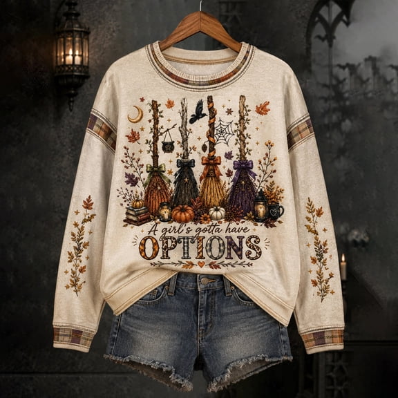Halloween Salem Witch Broom Sweatshirt for Women Halloween Salem Witch Spooky Season Sweatshirt Crewneck Hocus Pocus Holiday Pullover Earthy Yellow XXL