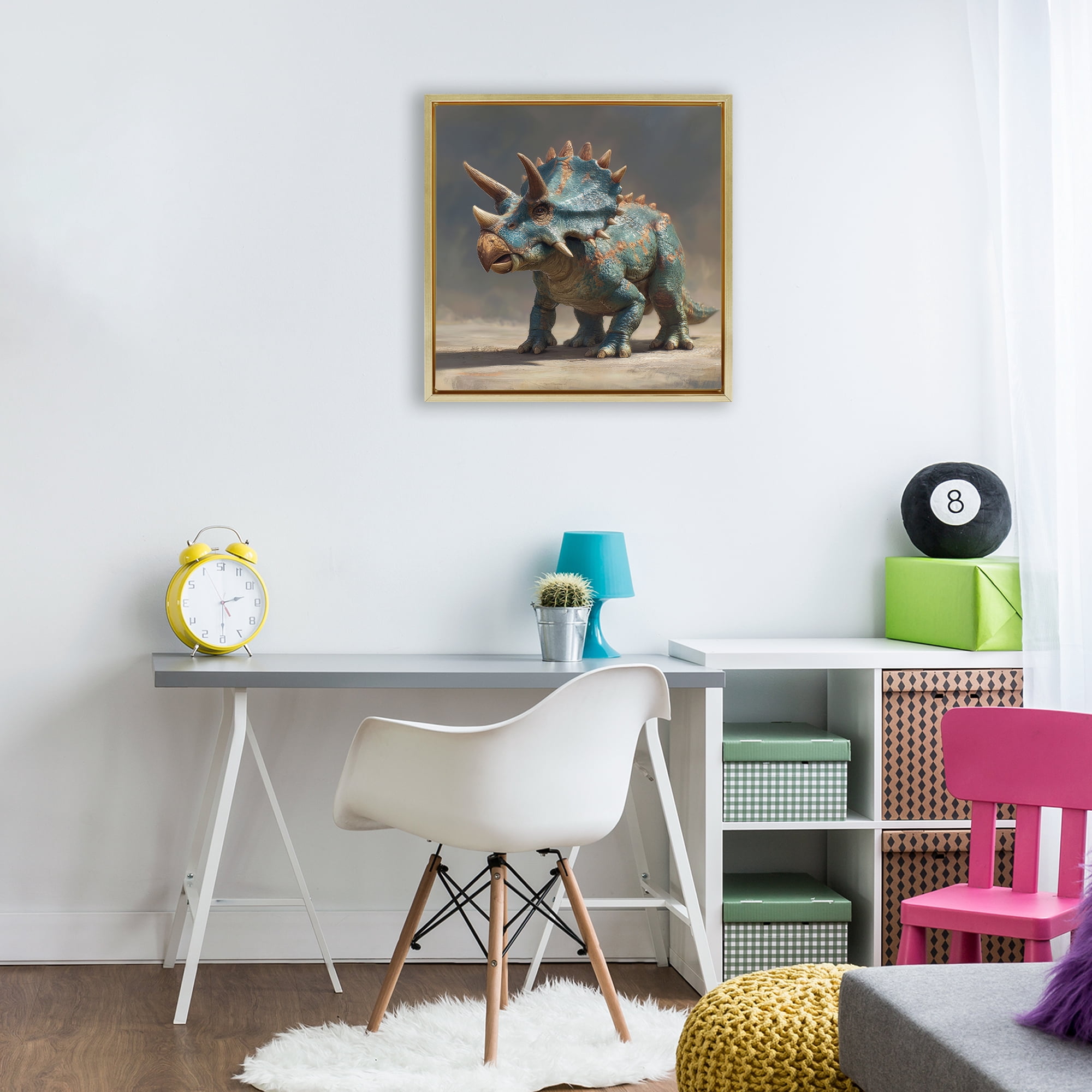 Stupell Industries Horned Triceratops at Sunrise Gold Framed Floater Canvas Wall Art, design by Wumples