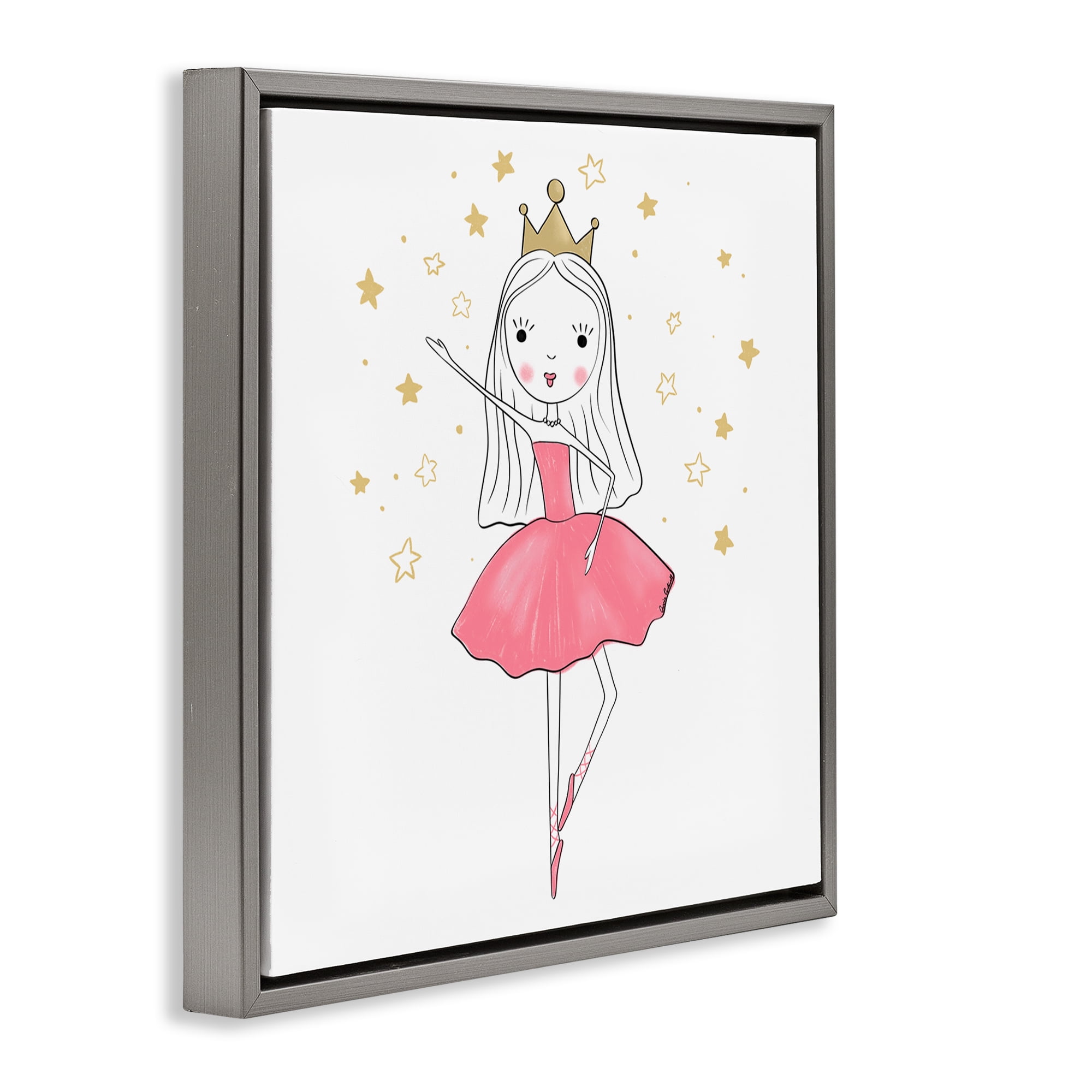 Stupell Industries Happy Ballerina Princess People Painting Gray Floater Framed Canvas Art Print Wall Art, 18 x 18
