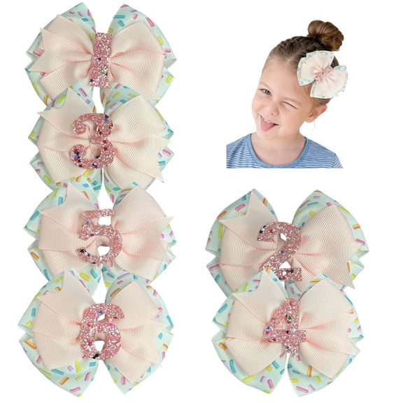 JoyBowie 6pcs 4.1 Inch Age Number Hair Bows Set for Girls, 3.5 Inch Glitter Birthday Bows for Kids Party Hairstyles