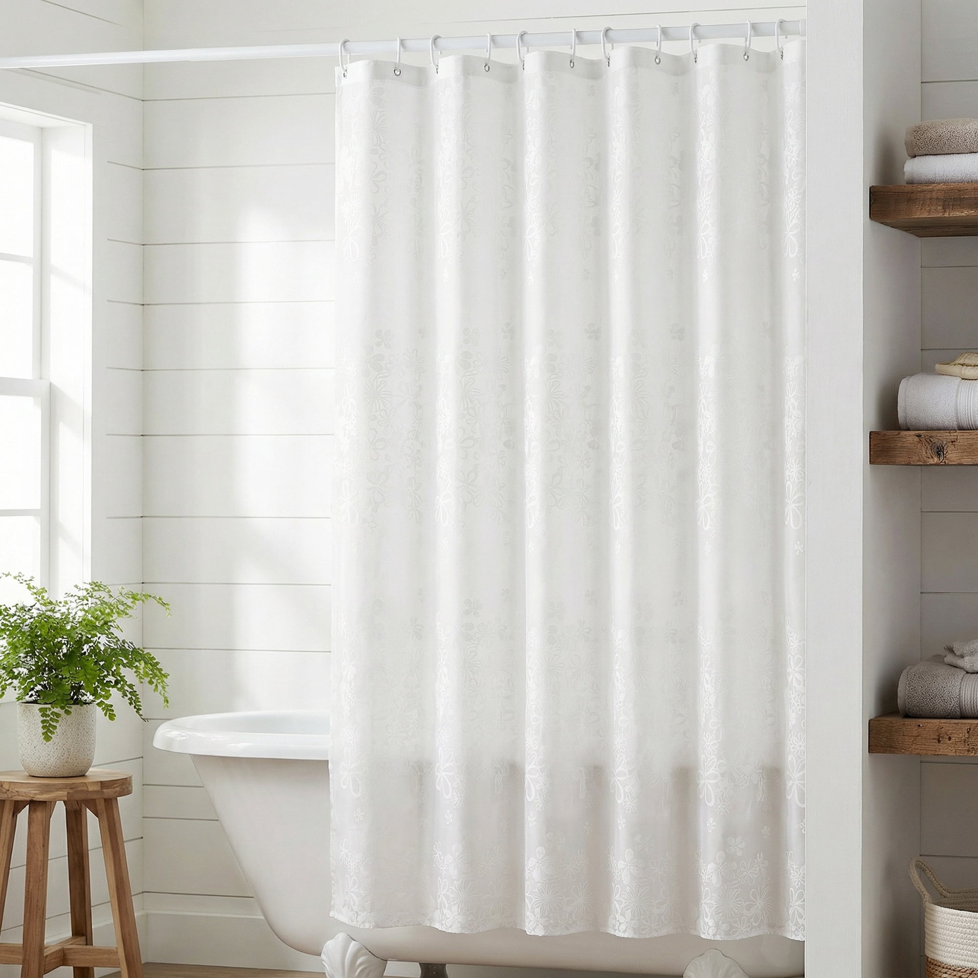 Unique Bargains Clear Shower Curtain Sets with 12 Hooks White Floral 71"W x 71"L
