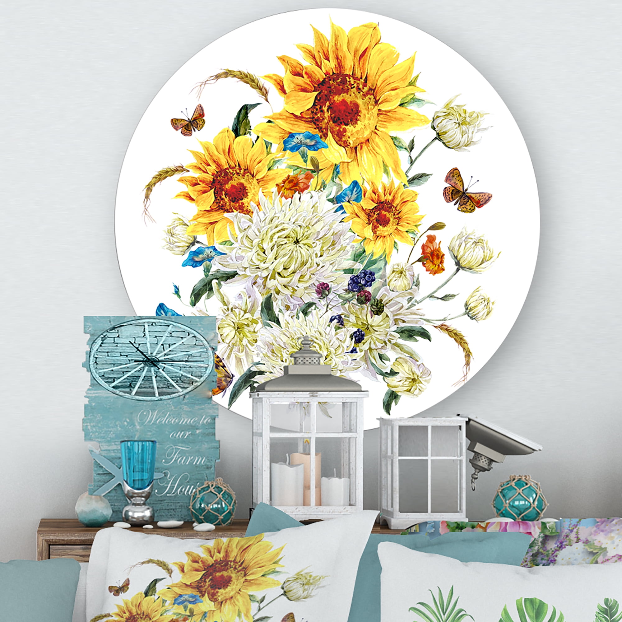 Designart 'Ancient Chrysanthemums and Sunflowers' Traditional Circle Metal Wall Art 11x11 - Disc of 11