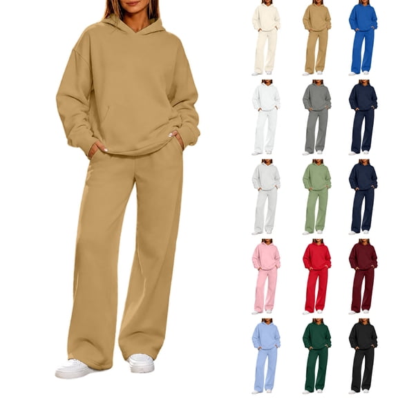 Womens Lounge Hooded Sweatshirt Sets Loose-fitting Sports Hooded Sweatshirt With Pockets And Wide-leg Pants Set Travel Outfits